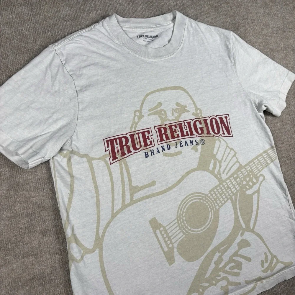 True Religion Buddha Guitar World Tour Graphic T Shirt Mens Medium White Logo